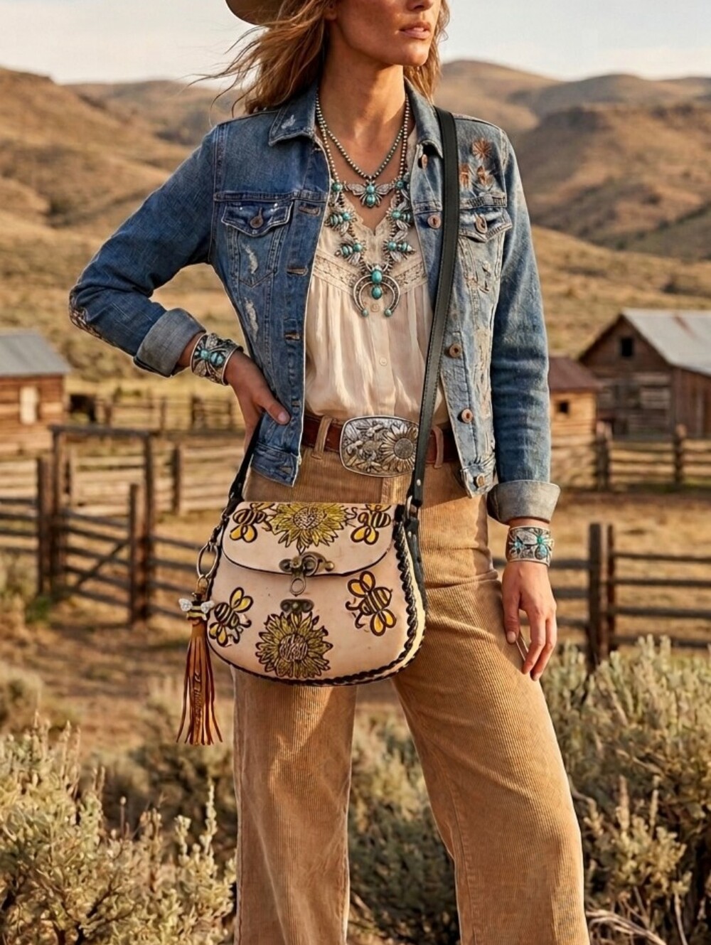 Brand New Sunflower & Bee Leather Crossbody Bag - Yellow on Cream